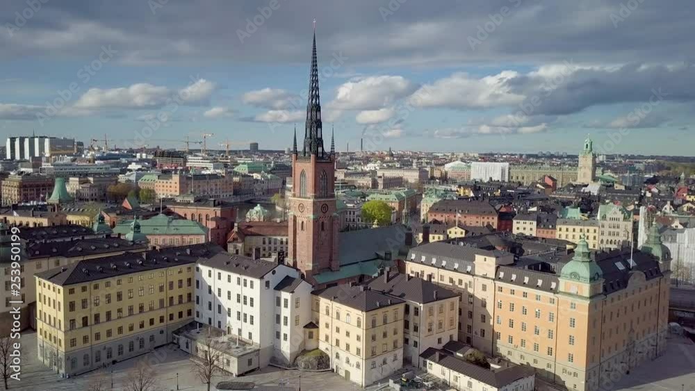 Push in towards Old City. Aerial Shot of Galma Stan, Stockholm, Sweden Push in towards Old City. Aerial Shot of Galma Stan, Stockholm, Sweden