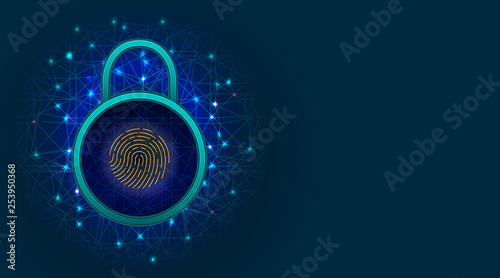 Cyber security and information or network protection concept with padlock and fingerprint scanner on abstract background with copy space. Vector illustration