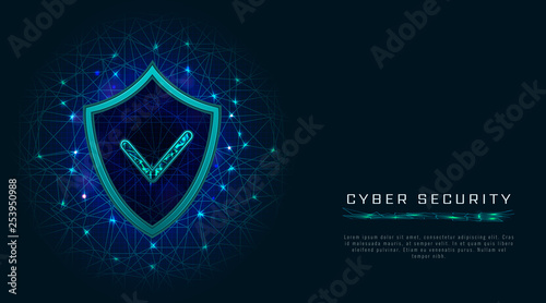 Cyber security concept. Shield with check mark, digital cyber data privacy protection, internet technology on abstract polygonal background. Blue vector illustration