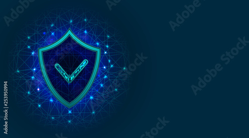 Cyber security concept with shield icon. Internet safety, information or digital data privacy protection, network technology on abstract polygonal background.  Vector illustration