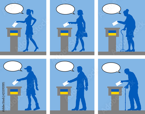 Ukrainian citizens voting for election in Ukraine with speech bubble