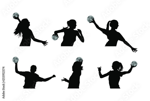 Handball player in action vector silhouette illustration isolated on white background. Woman handball player symbol. Handball girl jumping in the air. Handball (soccer) goalkeeper silhouette vector. 