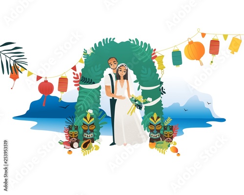 Marriage ceremony on Hawaii coast - young bride and groom getting married at beach.