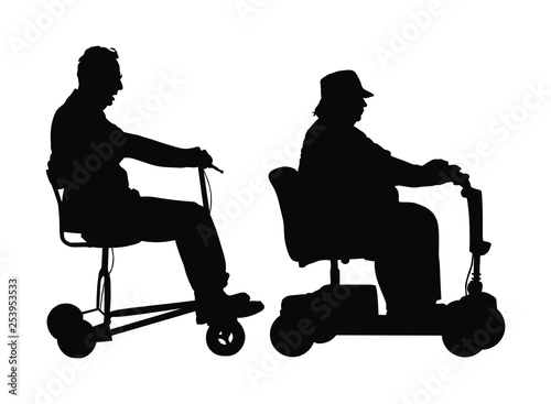 Senior couple on electric wheelchair vector silhouette illustration isolated on white background. Mature people on electric walker. Disabled person active life. Invalid grandmother and grandfather. 