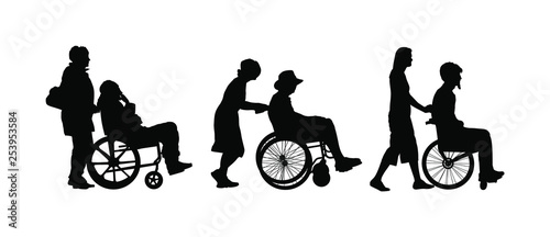 Mature woman pushing strolling with disabled man patient in wheelchair vector silhouette. Patient in wheelchair isolated on white. Nurse support injured man. Hospital paramedic Social worker activity.