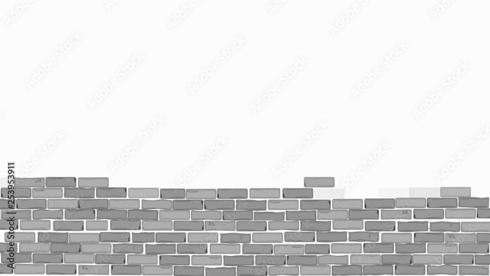 Brick wall construction. Gray bricks installing, building wall. Concept of construction, protection, craftsmanship and module structure. Foggy background. Almost black and white.
