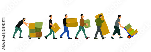 Delivery man carrying boxes of goods vector. Post man with package. Distribution procurement. Boy holding heavy load for moving service. Handy man in move action. Hand transportation method
