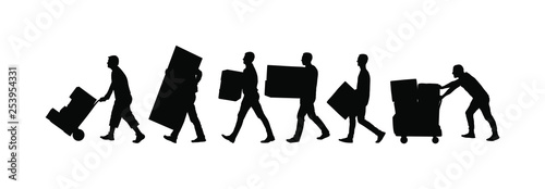 Delivery man carrying boxes of goods vector silhouette. Post man with package. Distribution procurement. Boy holding heavy load for moving service. Handy man in move action. Hand transportation method