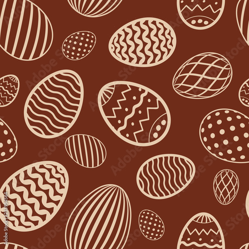 Easter egg seamless pattern. Chocolate brown color, holiday eggs texture. Simple abstract decorative template Happy Easter celebration. Stylized cute ornament wallpaper, fabric. Vector illustration