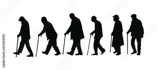 Elderly seniors walking crowd vector silhouette isolated on white. Old man person with stick. Mature old people active life. Grandfather veterans company. Health care in nursing home. Senior meeting.