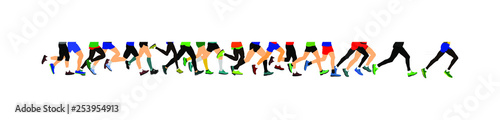 Group of marathon racers running. Marathon people vector illustration. Healthy lifestyle women and man. Traditional sport race.  Urban runners on the street. Team building concept Worming up, work out