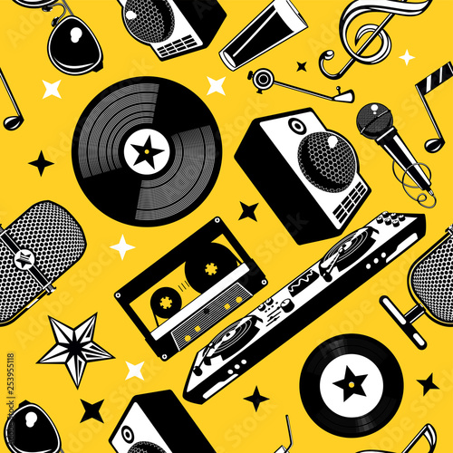 Canvas Print Retro music seamless pattern with vinyl disc and record