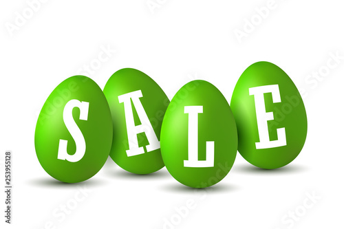 Easter egg text sale. Happy Easter eggs 3D template isolated on white background. Design banner, greeting poster, promotion, holiday decoration, special offer. Label tag discount. Vector illustration