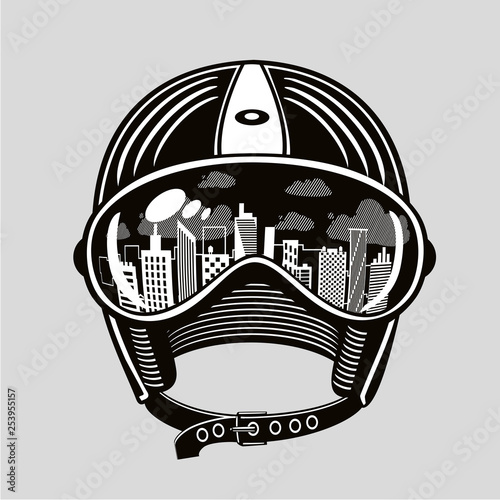 Vintage moto helmet with reflection in glasses. Biker protection. Urban city bike, retro style vector illustration.
