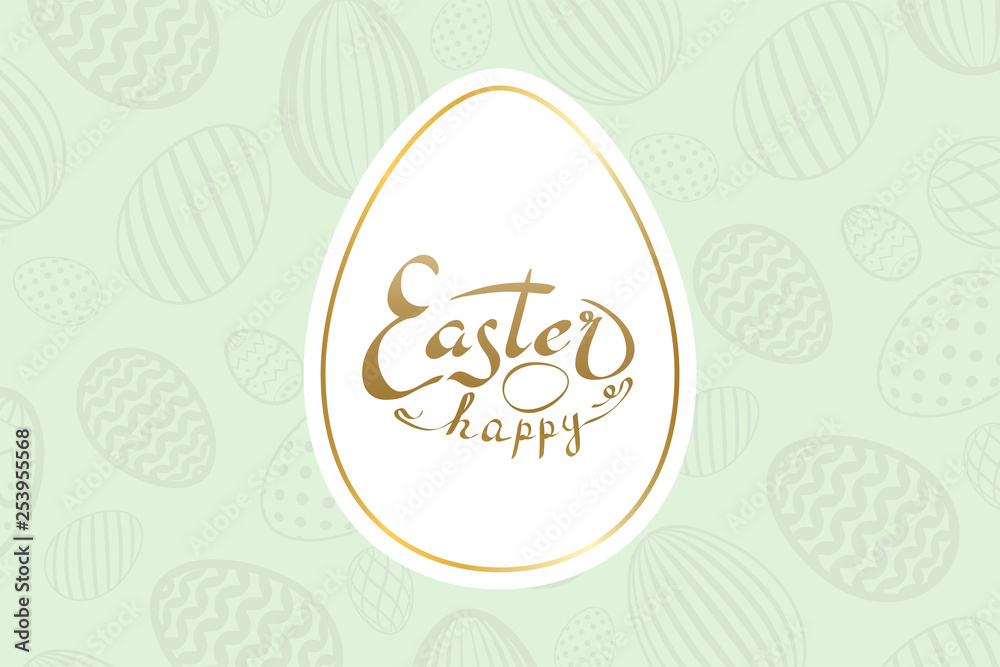 Happy Easter background, lettering, eggs texture pastel. Greeting Easter 3D card. Gold decoration frame, handwritten inscription. Holiday design poster, banner. Calligraphy letter. Vector illustration Happy Easter background, lettering, eggs texture pastel. Greeting Easter 3D card. Gold decoration frame, handwritten inscription. Holiday design poster, banner. Calligraphy letter. Vector illustration