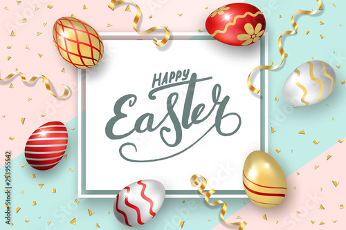 Happy Easter background, lettering, eggs. Greeting Easter 3D card. Gold decoration frame, handwritten inscription. Holiday design poster, flyer, banner. Calligraphy retro letter. Vector illustration