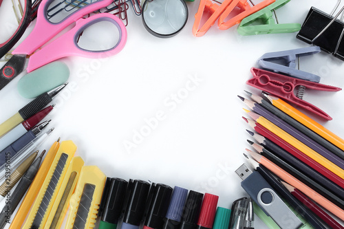 frame of office supplies on white background .photo with copy space