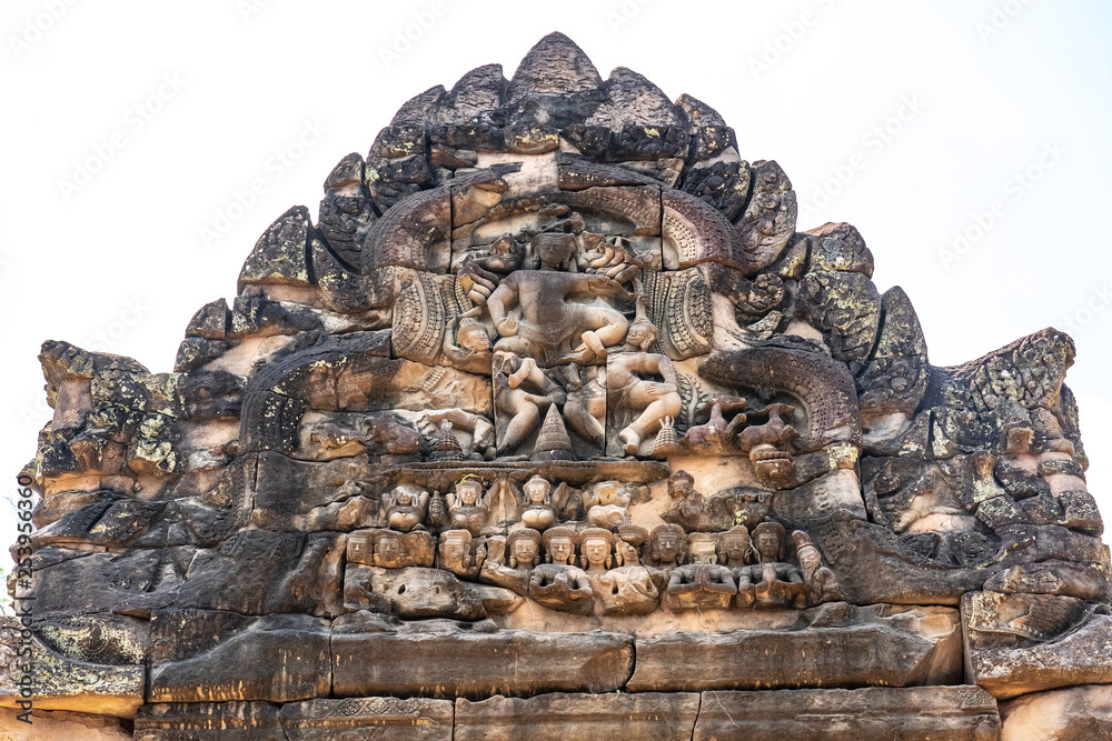 Vishu fights demons relief on pediment of Banteay Samre temple, Cambodia