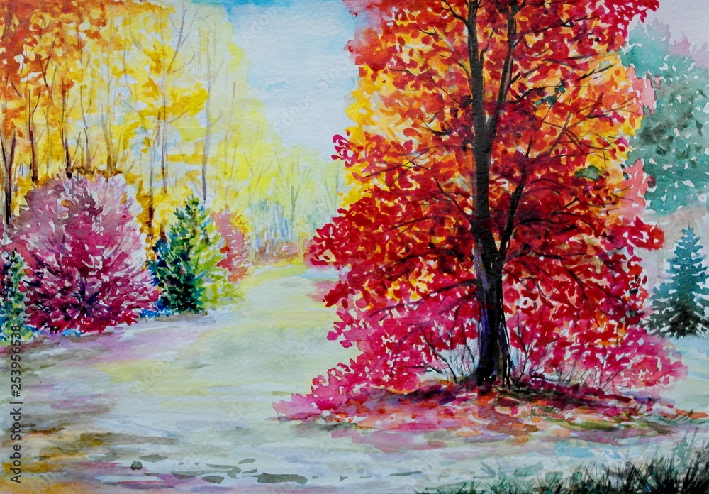 Watercolor paintings landscape, fine art, tree in autumn
