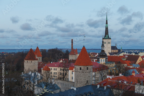 Evening dark view of the old town from the observation deck, panoramic view Tallinn. Estonia. Late autumn.