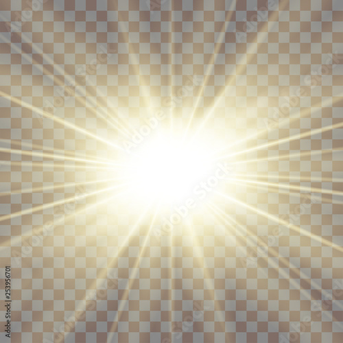 Sun rays. Starburst bright effect, isolated on transparent background. Gold light star flash. Abstract shine beams. Vibrant magic sparkle explosion. Glowing burst, lens effect. Vector illustration photo