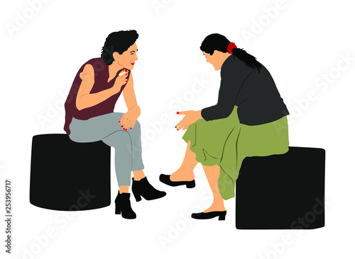 Women gossip at the break. Senior lady friends sitting on bench and talking in public park. Neighbors spread rumors vector illustration. Backbite mature girls. Outdoor relaxation. Mothers speak about.