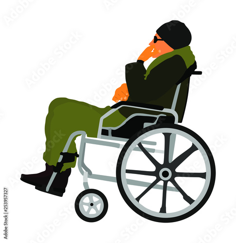 Mature disabled man patient in wheelchair vector illustration. Patient in wheelchair isolated. support injured man. Hospital medical activity after injury.