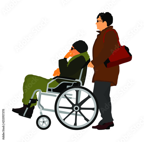 Mature woman pushing strolling with disabled man patient in wheelchair vector illustration. Patient in wheelchair isolated. Nurse support injured man. Hospital paramedic Social worker activity.