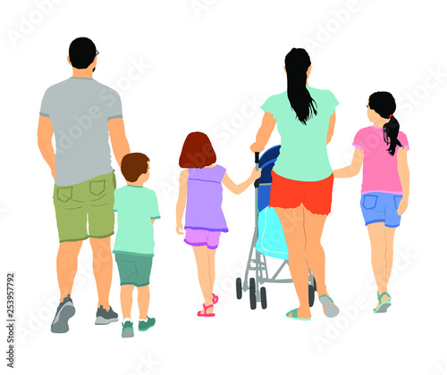 Happy big family enjoying holding hands vector isolated on white. Fathers day. Mothers day. Dad, mom and baby in pram, daughters and son walking. Love and tenderness relaxation in public 