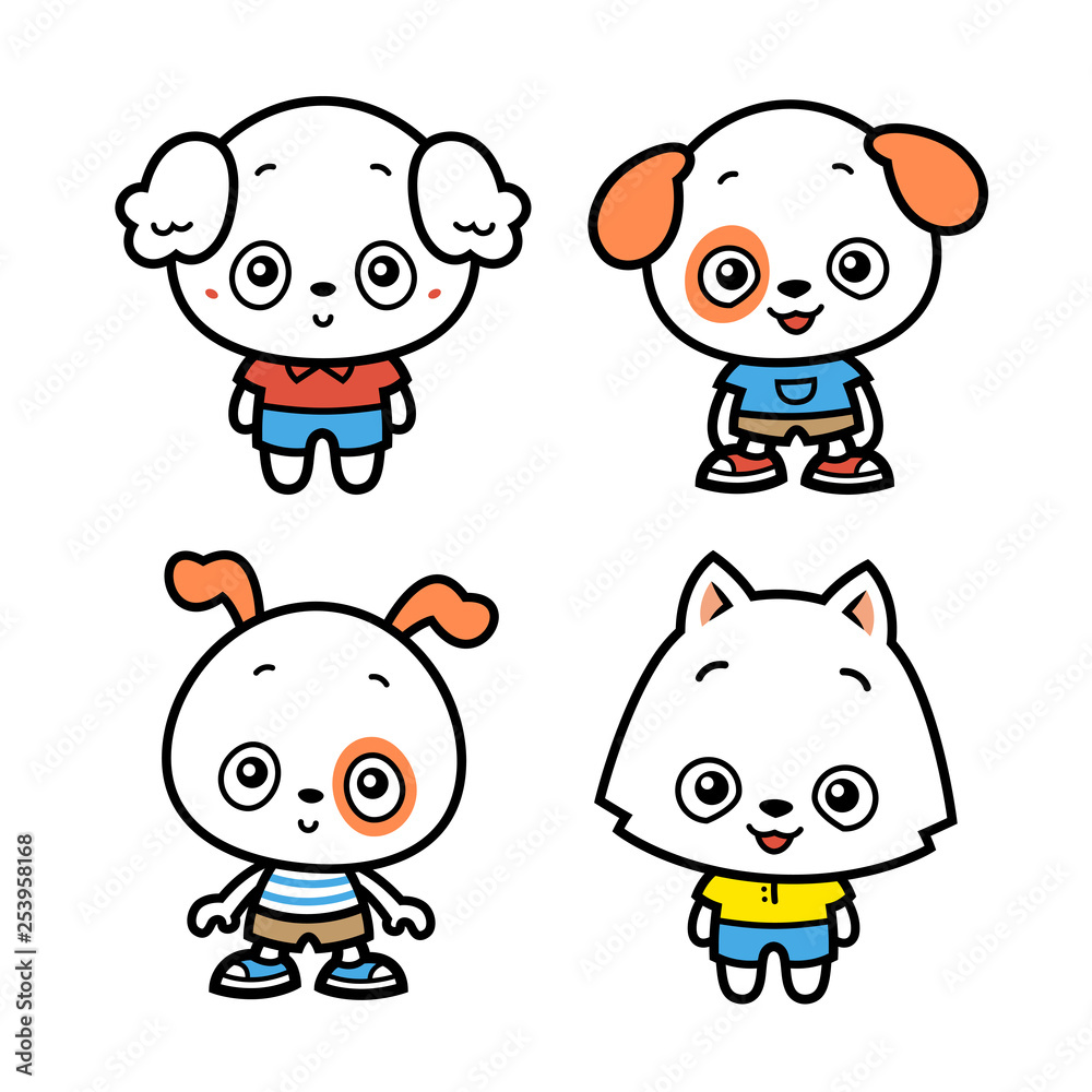 vector cartoon different breed anthropomorphic dog puppy set
