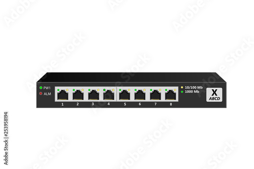Uncontrollable Ethernet switch for home or office (SOHO) with 8 10/100 / 1000Base-T ports and LED indication. Vector illustration.
