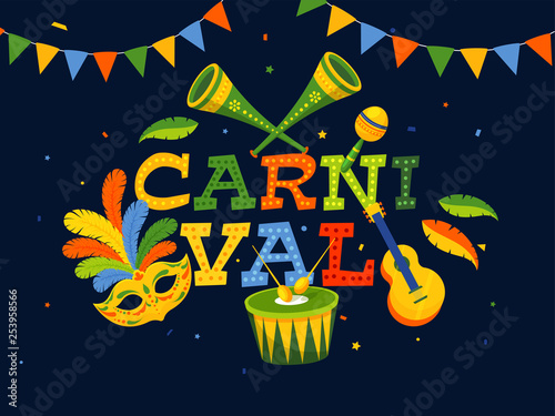 Flat style carnival party poster or template design with colorful text carnival, mask and musical instruments illustration.