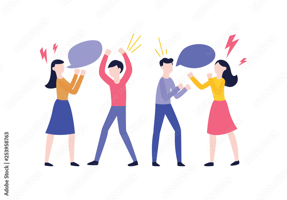 Vector flat man woman negotiate speech bubble Vector flat man woman negotiate speech bubble