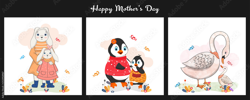 Mother's Day greeting card set with illustration of cute animal character such as bunny, penguin and duck as mother and daughter.