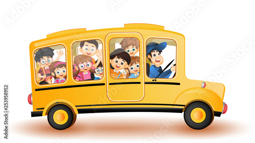 Back to school concept, illustration of school bus with cute kids character.