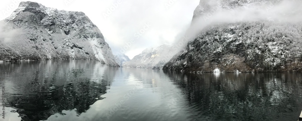 winter view of naeroyfjord, norway