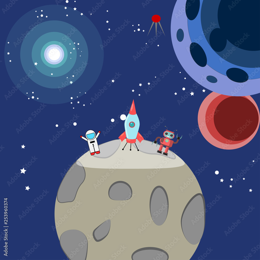 Naklejka premium Space rocket, spaceship with stars, planet isolated on background. Galaxy, universe concept. Astronaut on the moon. Vector flat cartoon design