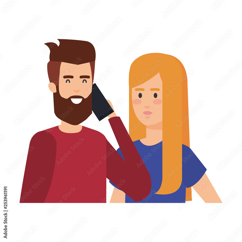Fototapeta premium young couple with smartphone avatars characters
