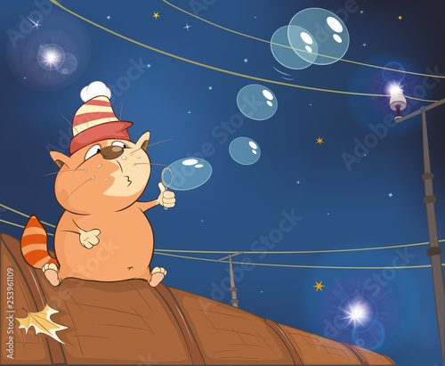 Vector llustration of a Cute Cat and Blowing Bubbles