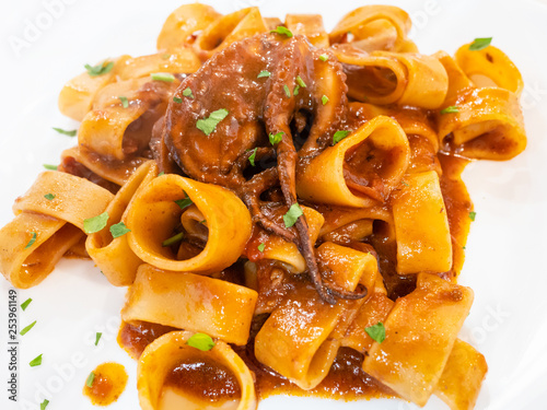 calamarata pasta with squid in sauce close up photo