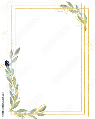 Obraz na płótnie Watercolor greenery olive frame in green and gold colors. Frame, border, background. w salonie