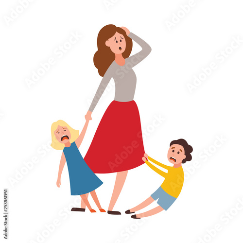 Vector parenting problem big family tired parents