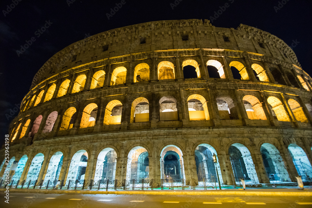 The Colosseum, the world famous landmark in Rome. Night view