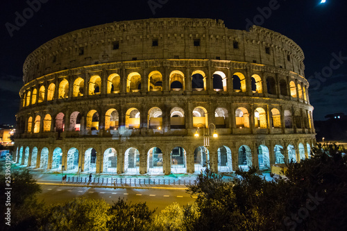 Rome, Italy - November, 2018: The Colosseum, the world famous landmark in Rome. Night view