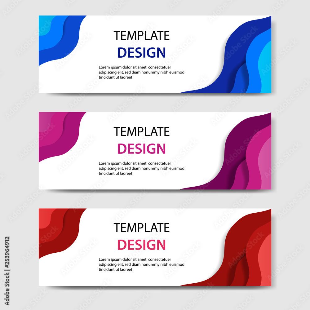 Fototapeta premium Horizontal banners with 3D abstract paper cut style. Vector design layout for web, banner, header, print flyers. Carving art in gradient blue, red and maroon color.