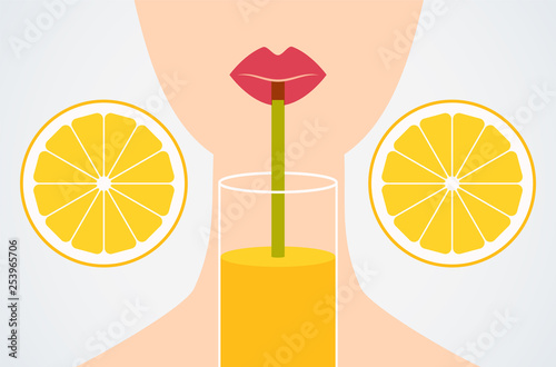 Cartoon flat style girl drinking orange juice through a straw. Vector Illustration.