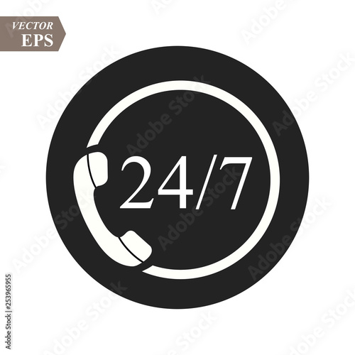24 hour support call center icon. Steady available services. Twenty four hour everyday. Can use for service advertising. 24 7 icon. open 24 hours a day and 7 days a week icons 24 on 7