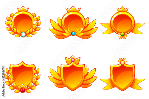 Receiving achievement, vector templates golden Awards. For game, user interface, application, interface, slots, game development.