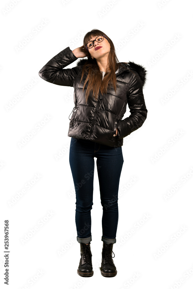 Full-length shot of Woman with glasses having doubts Full-length shot of Woman with glasses having doubts