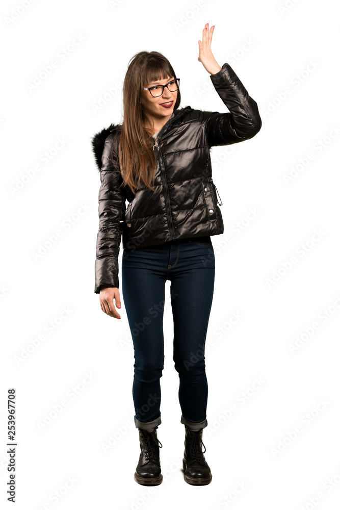 Full-length shot of Woman with glasses has realized something and intending the solution Full-length shot of Woman with glasses has realized something and intending the solution